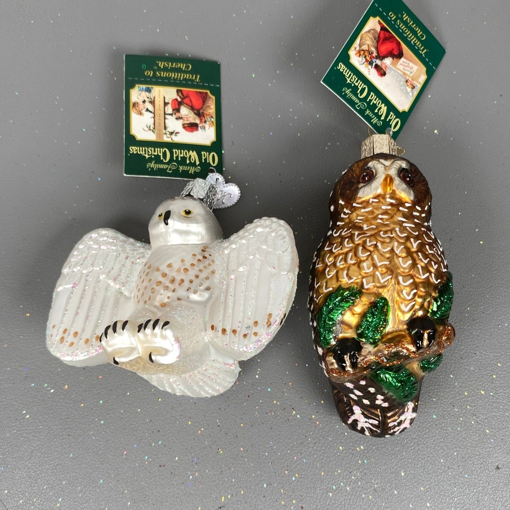 2 Old World Christmas Owl Holiday Ornaments Snowy Owl & Great Horned Owl Glass